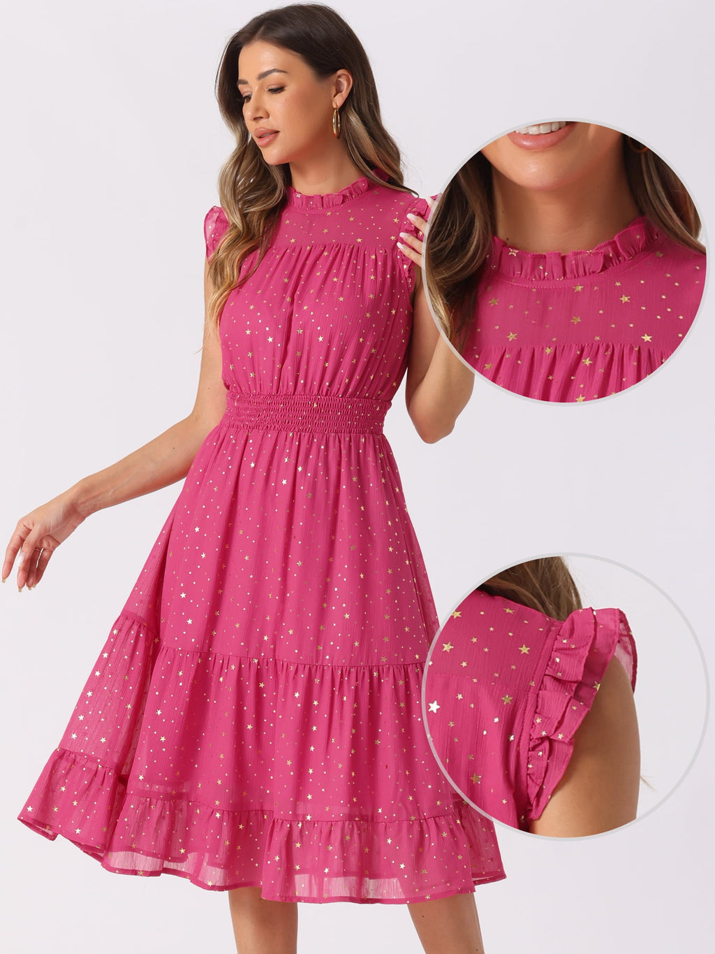 DARING DIVA Smocked Waist Gilding Metallic Stars Chiffon Dress XL Hot Pink