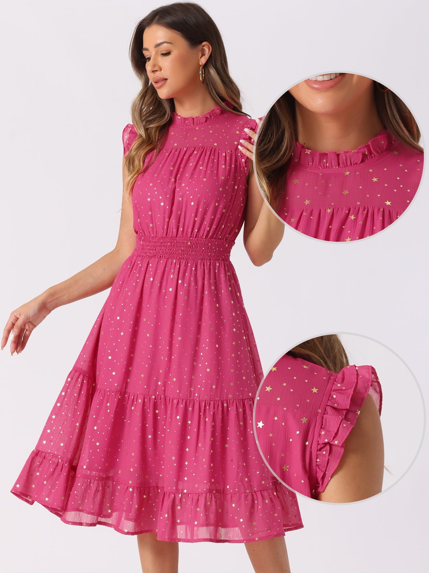 DARING DIVA Smocked Waist Gilding Metallic Stars Chiffon Dress XL Hot Pink
