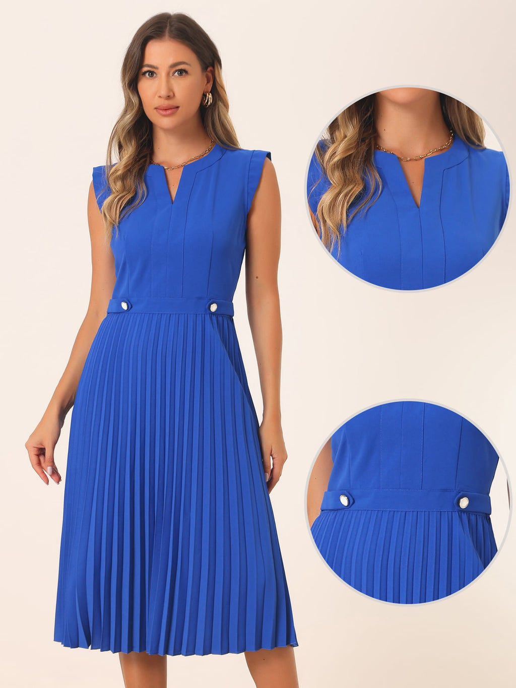 DARING DIVA Women's V Neck Sleeveless Button Pleated Midi Dresses S Royal Blue