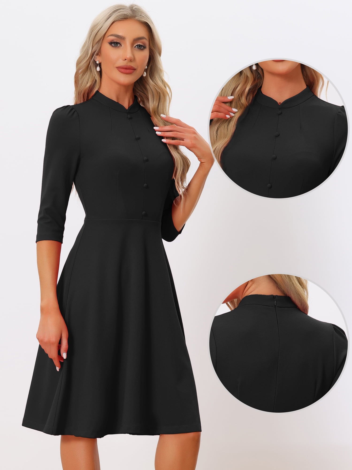 Unique Bargains Women's Sheath 3/4 Sleeves Stand Collar A-Line Dress M Black