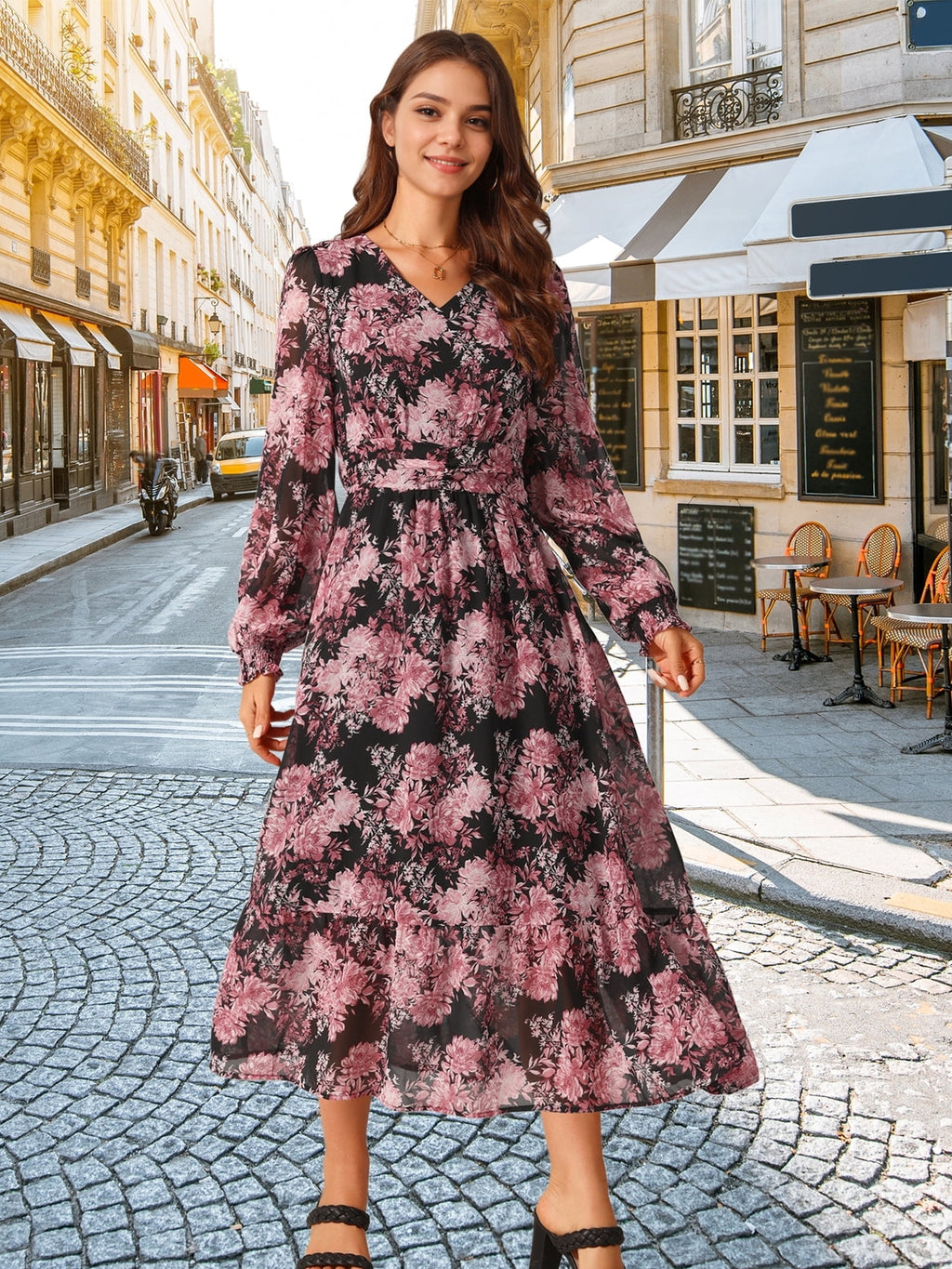 DARING DIVA Long Sleeve Floral V Neck Boho Chiffon Midi Dress S Black