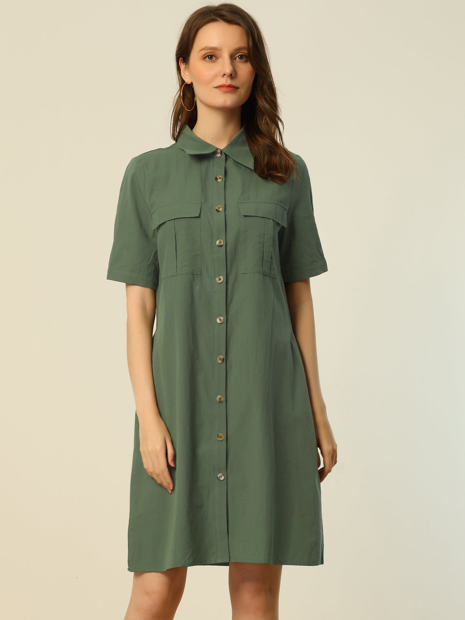DARING DIVA Collared Short Sleeve Pocket Belt Button up Shirt Dress L Army Green