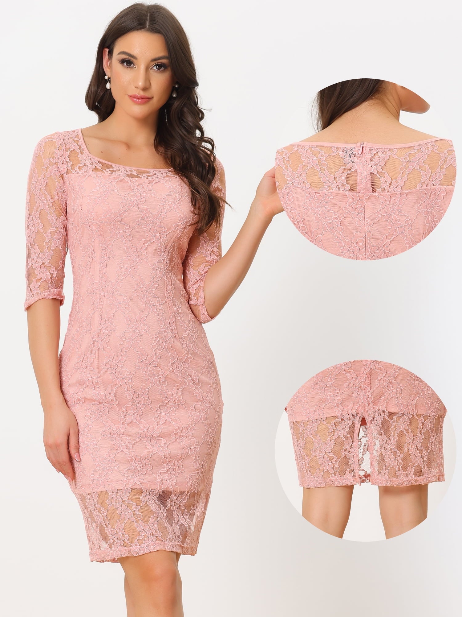 DARING DIVA Lace 3/4 Sleeve Dress Square Neck Midi Straight Tired XS Pink