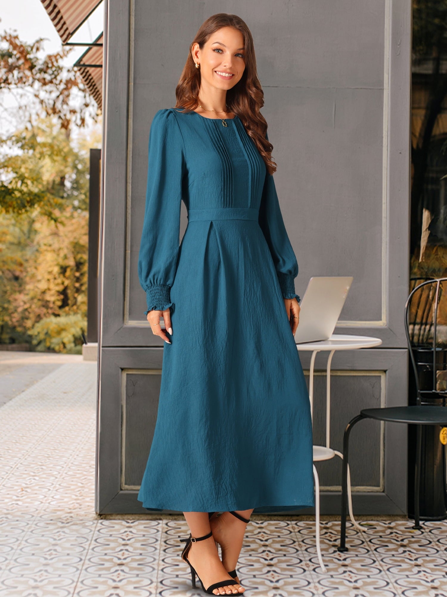 DARING DIVA Frilled Crewneck Long Sleeve Midi Fall Dress L Peacock Blue