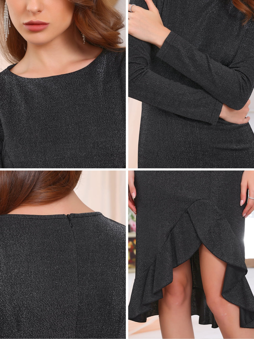 DARING DIVA Long Sleeve Glitter Sparkle High Low Split Ruffles Dress M Black