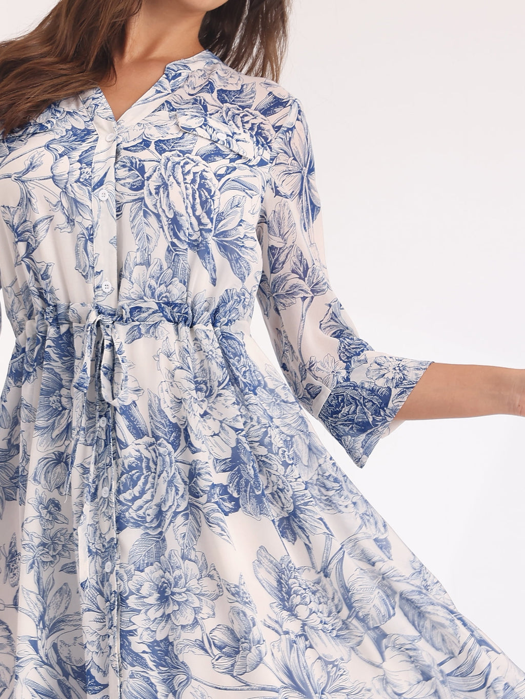 Unique Bargains Women's Floral Chiffon Half Sleeve Button Down Flare Dresses S White