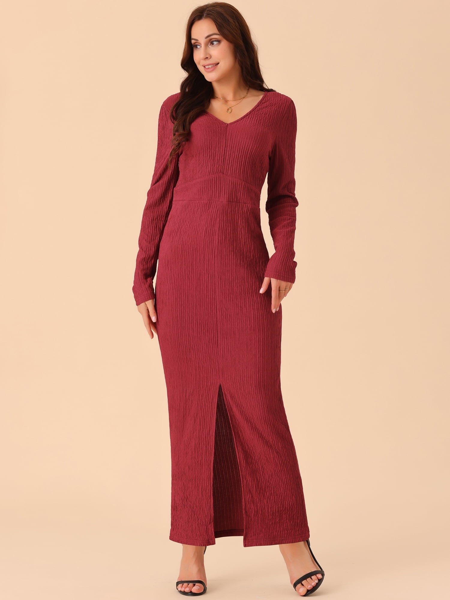 DARING DIVA Long Sleeve V Neck Slit Hem Maxi Cocktail Dress S Wine Red