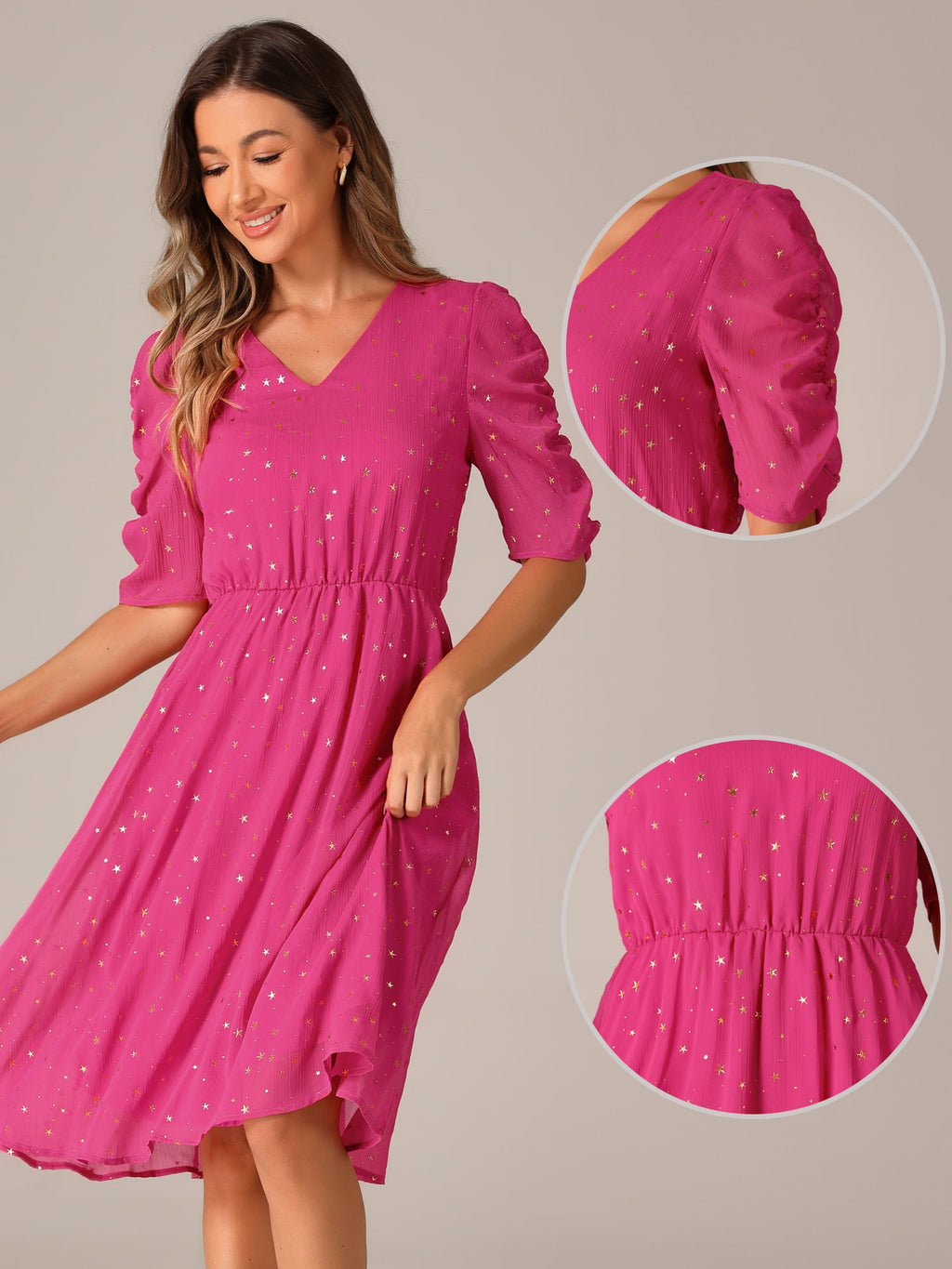 DARING DIVA Metallic Stars A-line Chiffon Dress L Hot Pink