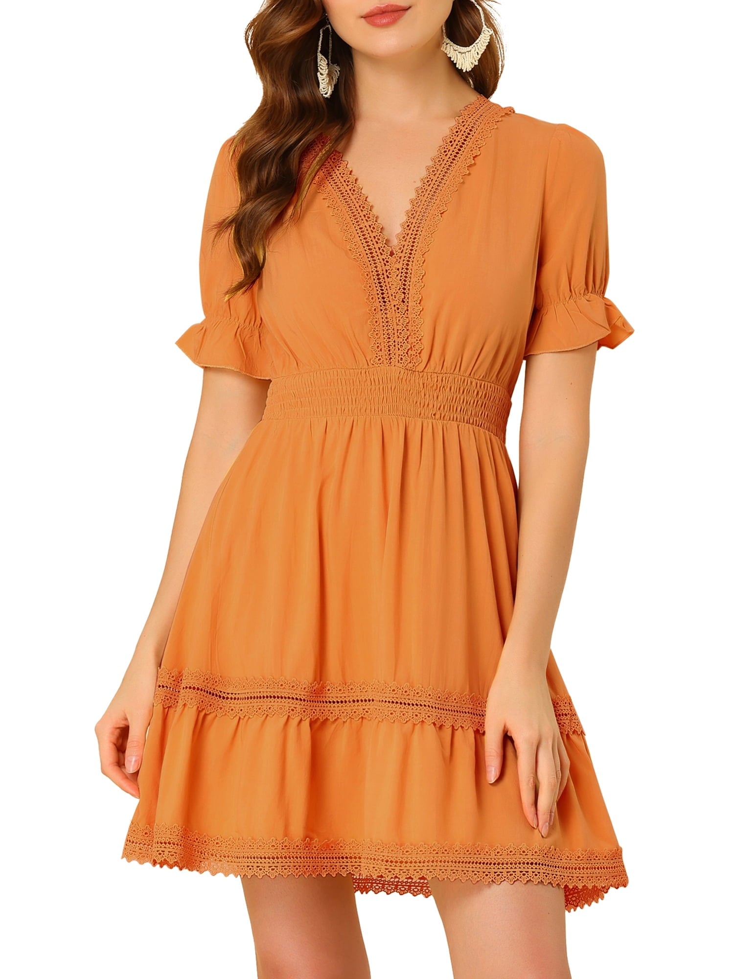 DARING DIVA V Neck Smocked Elastic Waist Short Sleeve Mini Dress M Orange