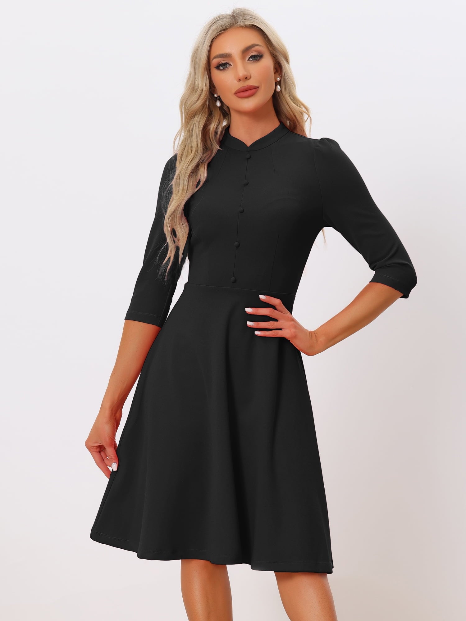 Unique Bargains Women's Sheath 3/4 Sleeves Stand Collar A-Line Dress M Black