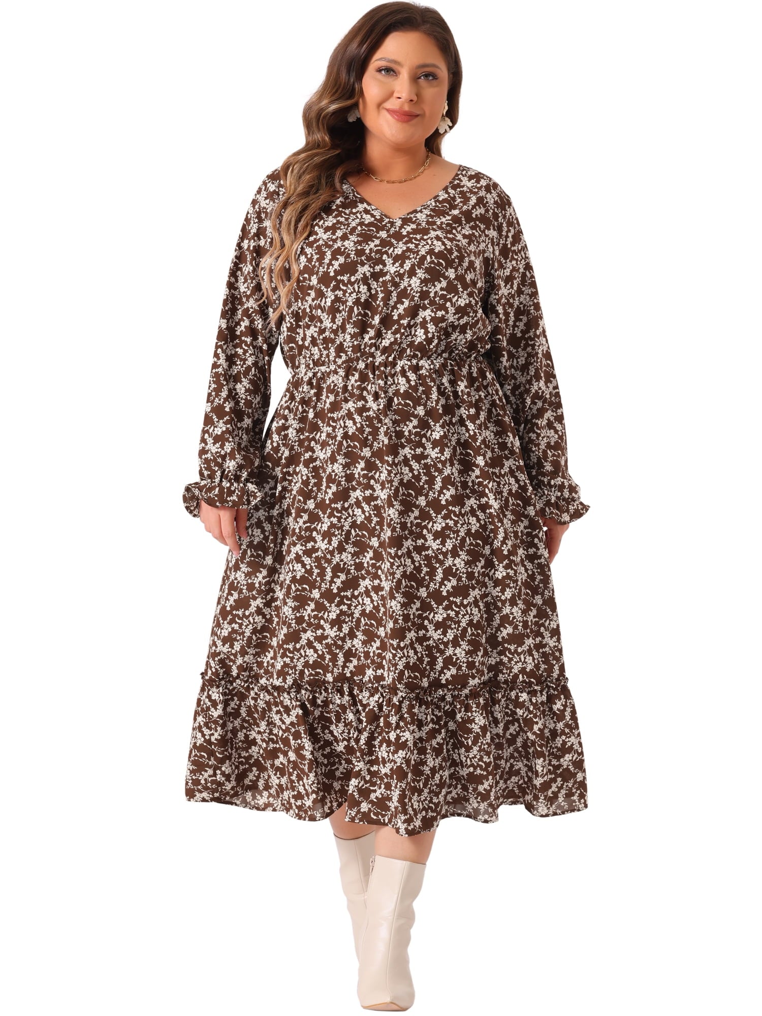 DARING DIVA Plus Size Floral Print V Neck Long Sleeve Maxi Dress 1X Brown