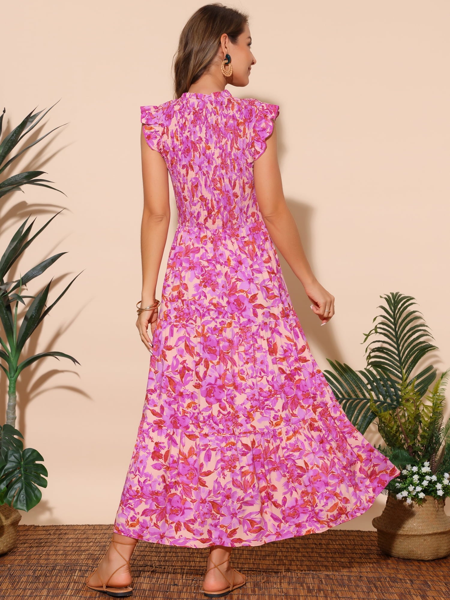 DARING DIVA V Neck Smocked Ruffle Tiered Maxi Dress S Hot Pink