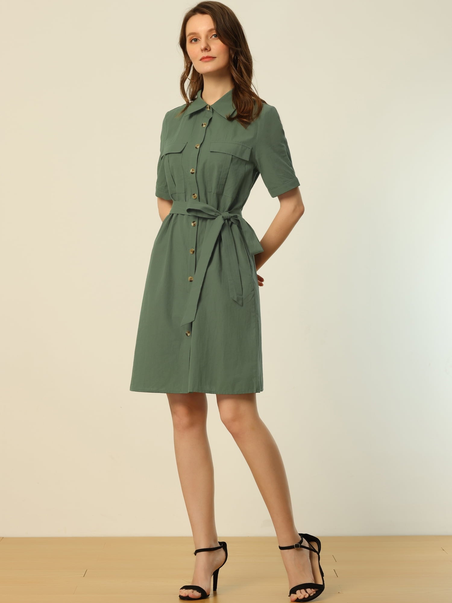 DARING DIVA Collared Short Sleeve Pocket Belt Button up Shirt Dress L Army Green