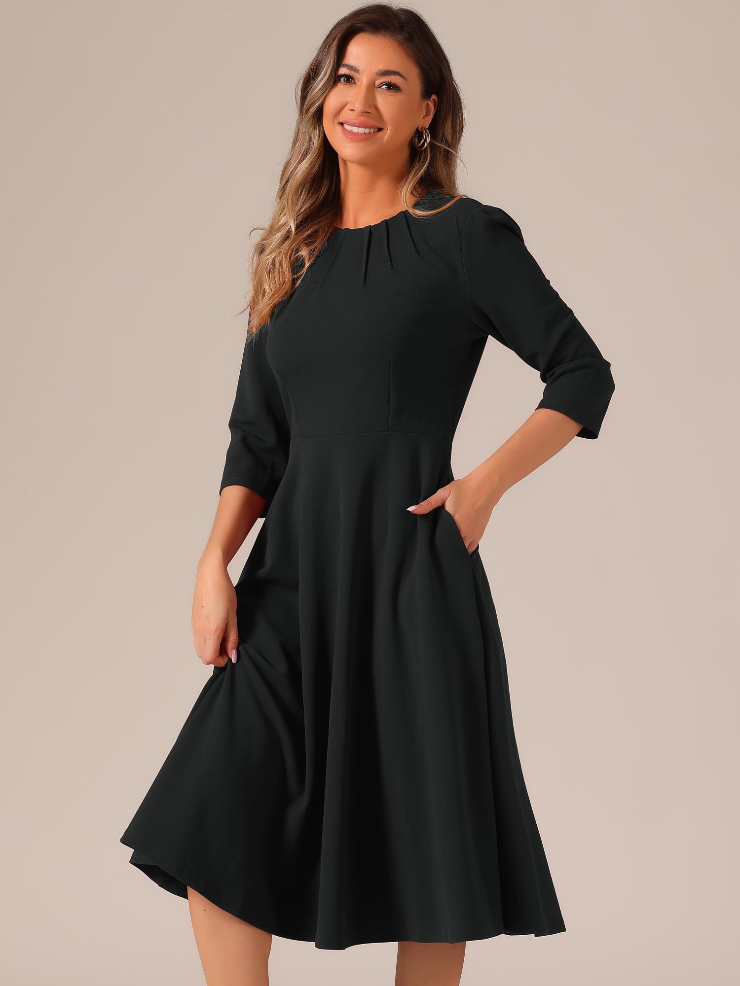 DARING DIVA 3/4 Sleeve A-Line Midi Work Dress S Black