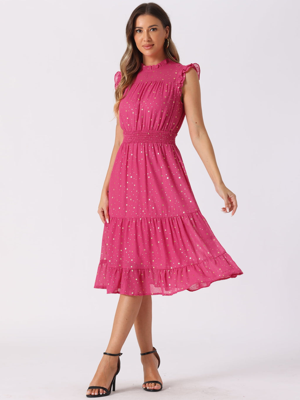 DARING DIVA Smocked Waist Gilding Metallic Stars Chiffon Dress XL Hot Pink