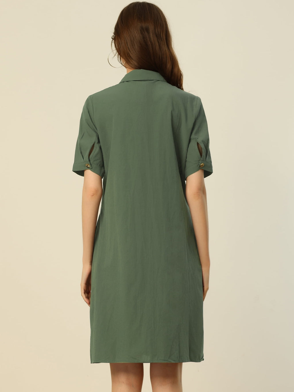 DARING DIVA Collared Short Sleeve Pocket Belt Button up Shirt Dress L Army Green