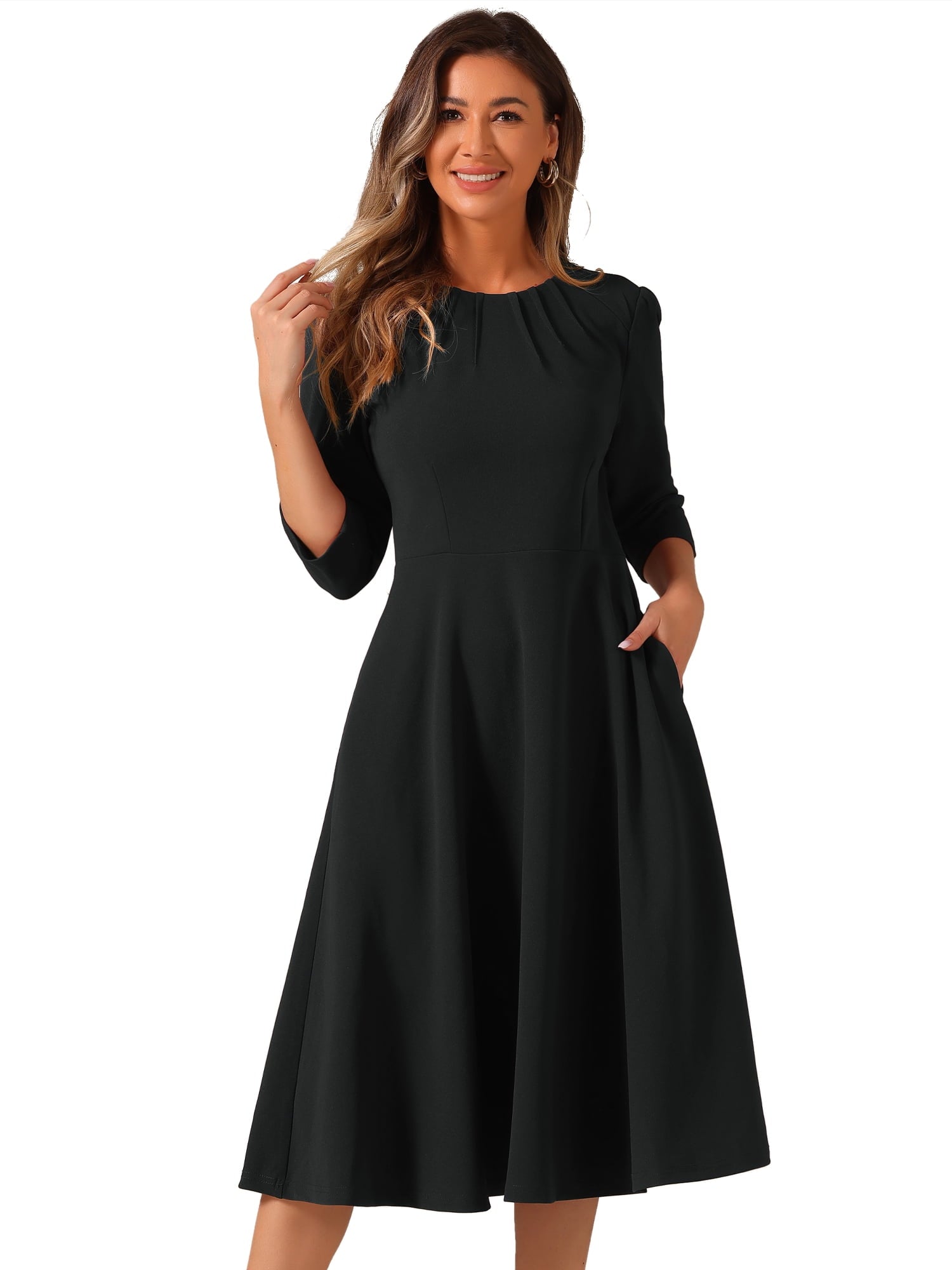DARING DIVA 3/4 Sleeve A-Line Midi Work Dress S Black