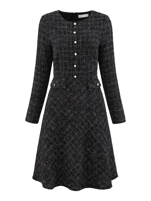 DARING DIVA A-Line Tweed Vintage Work Flare Dress M Black