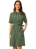 DARING DIVA Collared Short Sleeve Pocket Belt Button up Shirt Dress L Army Green