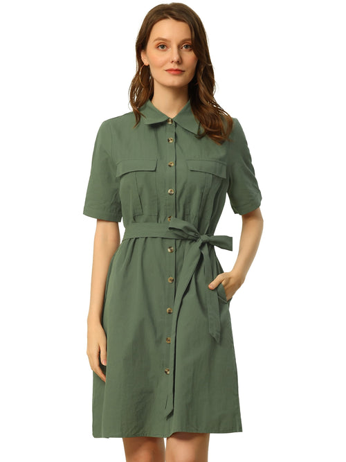 DARING DIVA Collared Short Sleeve Pocket Belt Button up Shirt Dress L Army Green