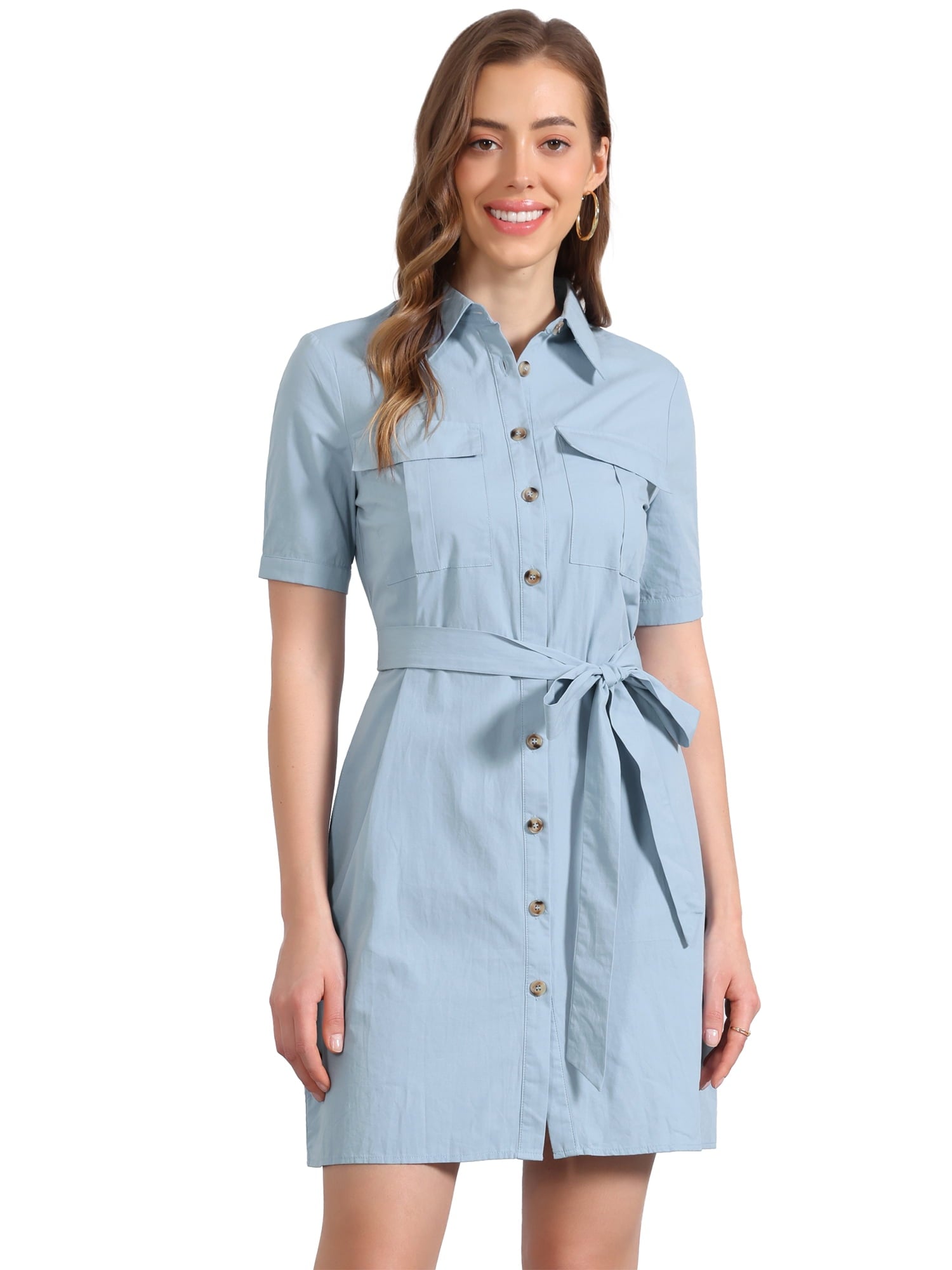 DARING DIVA Collared Short Sleeve Pocket Belt Button up Shirt Dress L Army Green