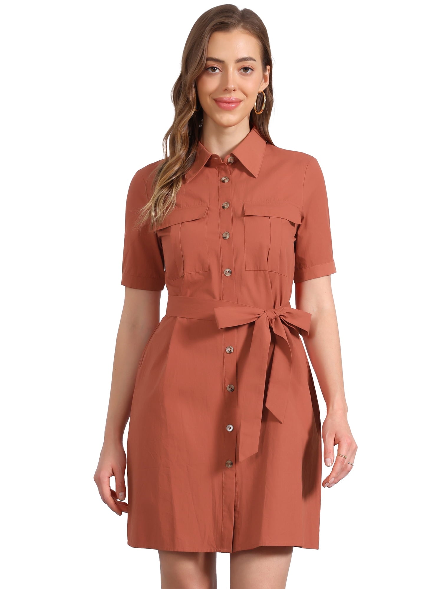 DARING DIVA Collared Short Sleeve Pocket Belt Button up Shirt Dress L Army Green