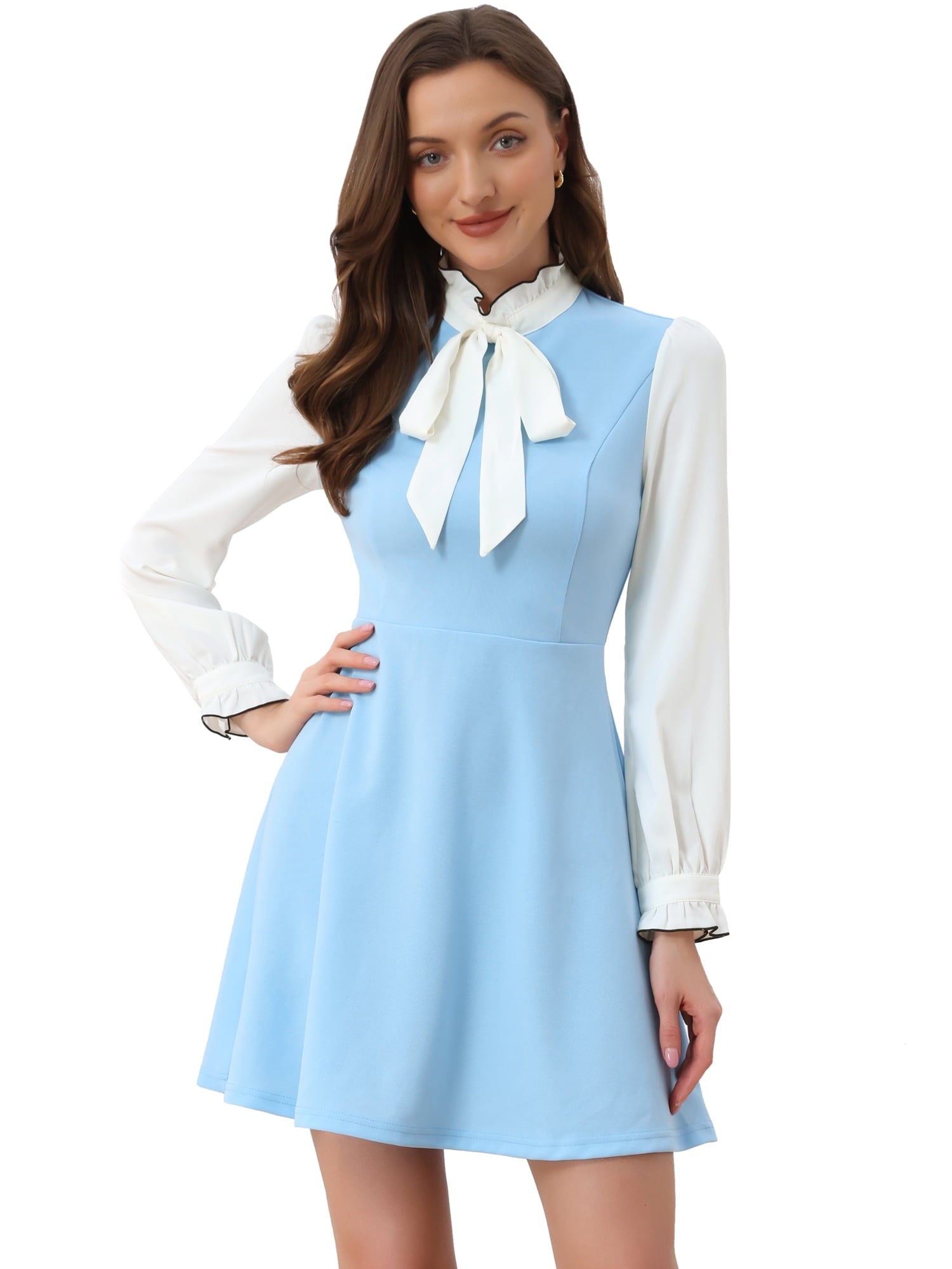 DARING DIVA Contrast Tie Neck Long Sleeve Elegant A-Line Dress XL Black