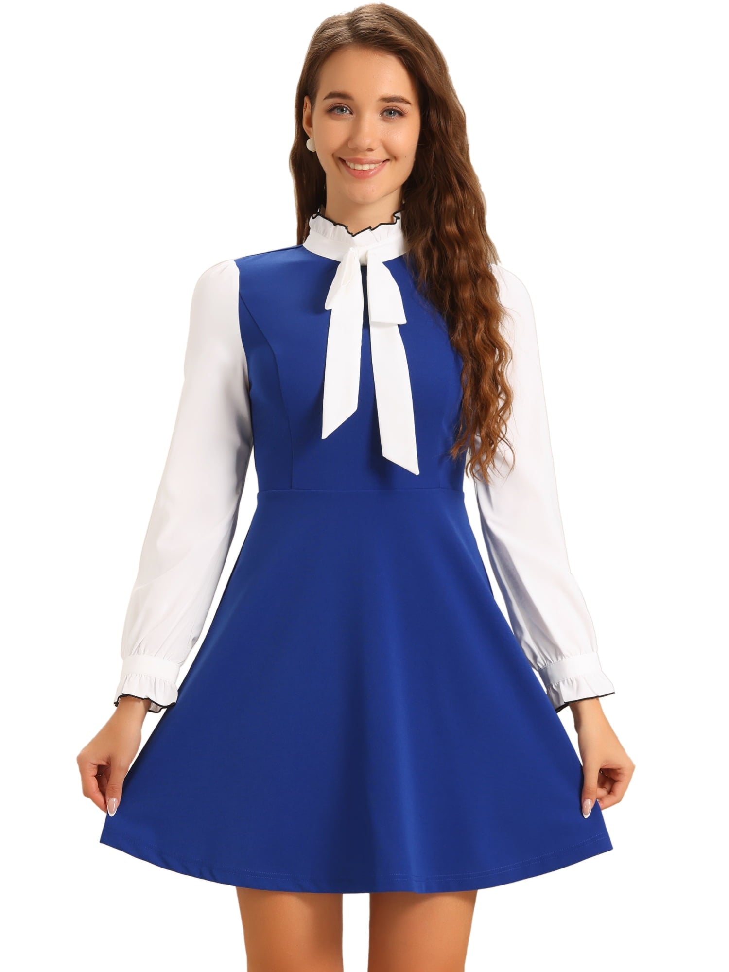 DARING DIVA Contrast Tie Neck Long Sleeve Elegant A-Line Dress XL Black