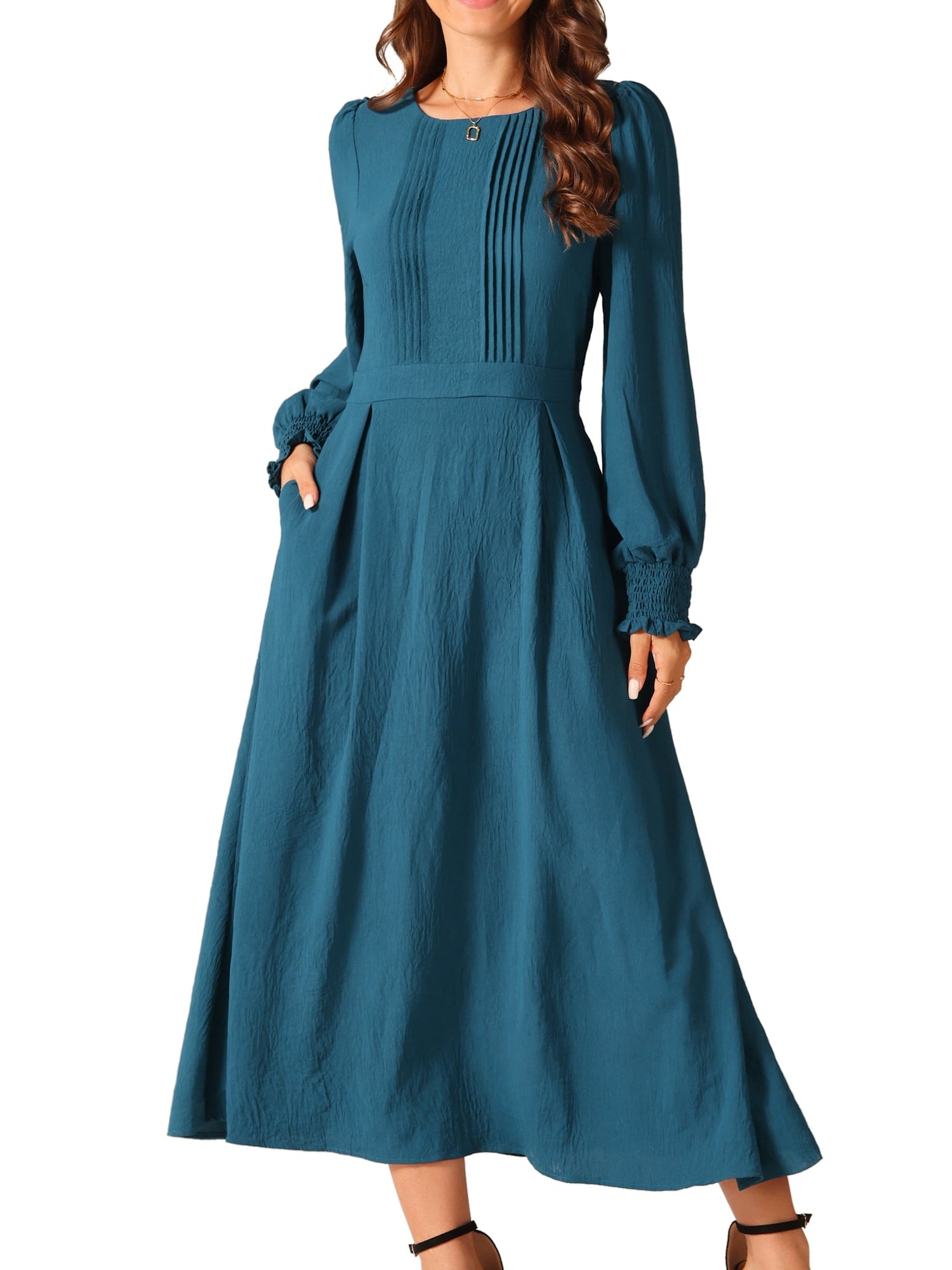 DARING DIVA Frilled Crewneck Long Sleeve Midi Fall Dress L Peacock Blue