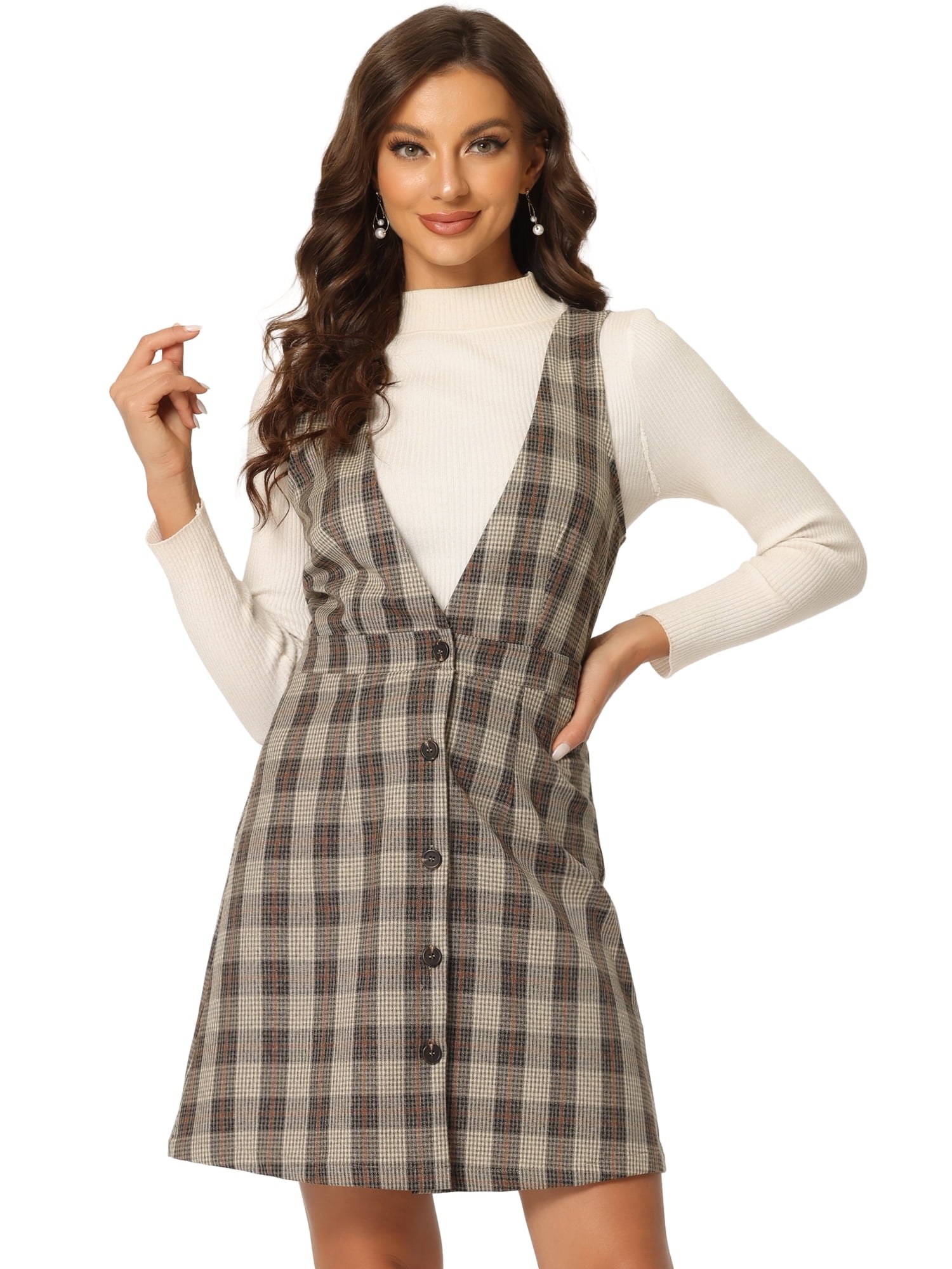 DARING DIVA Houndstooth Plaid Suspenders Pinafore Overall Dress M Red Black