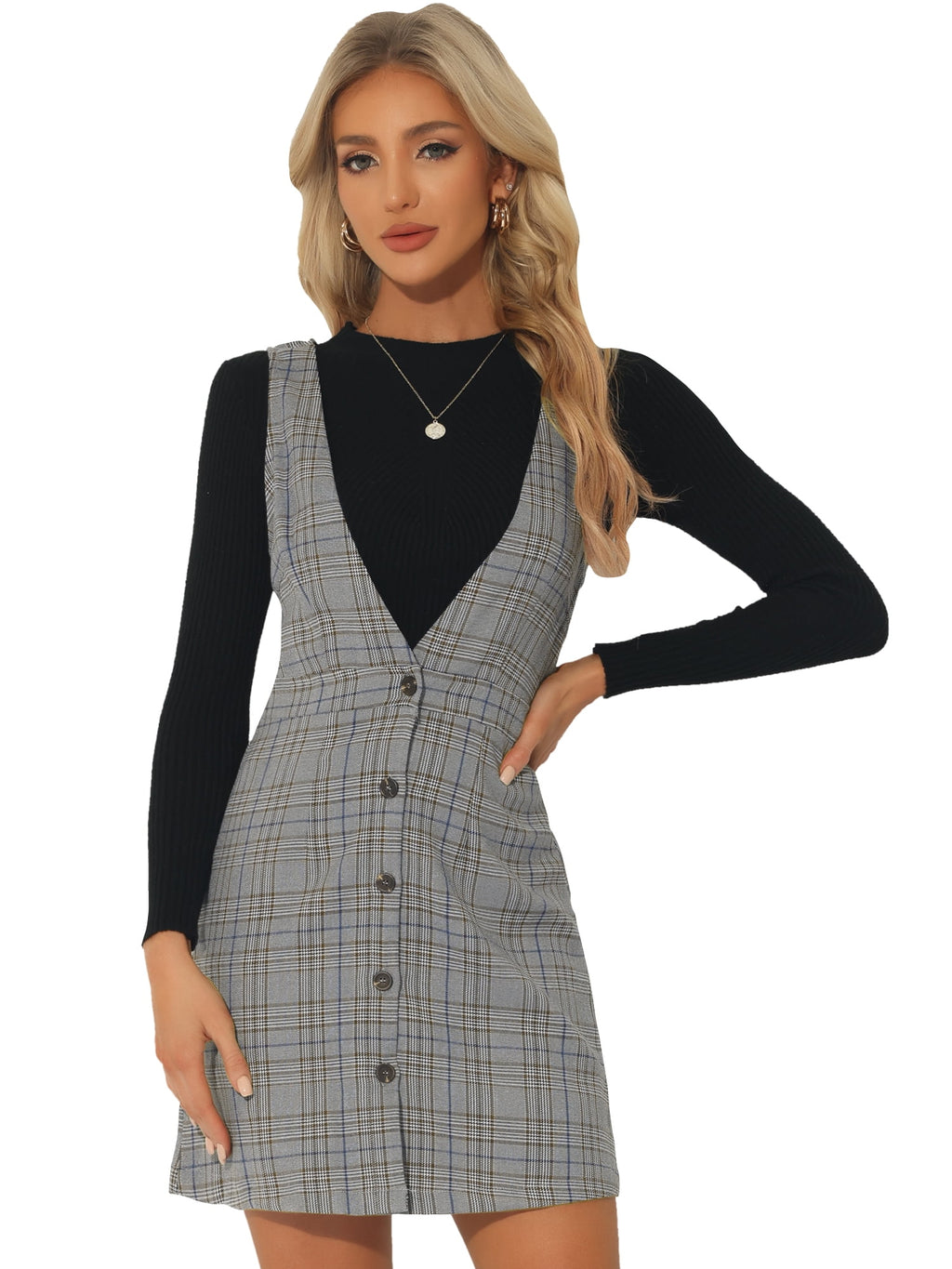 DARING DIVA Houndstooth Plaid Suspenders Pinafore Overall Dress M Red Black