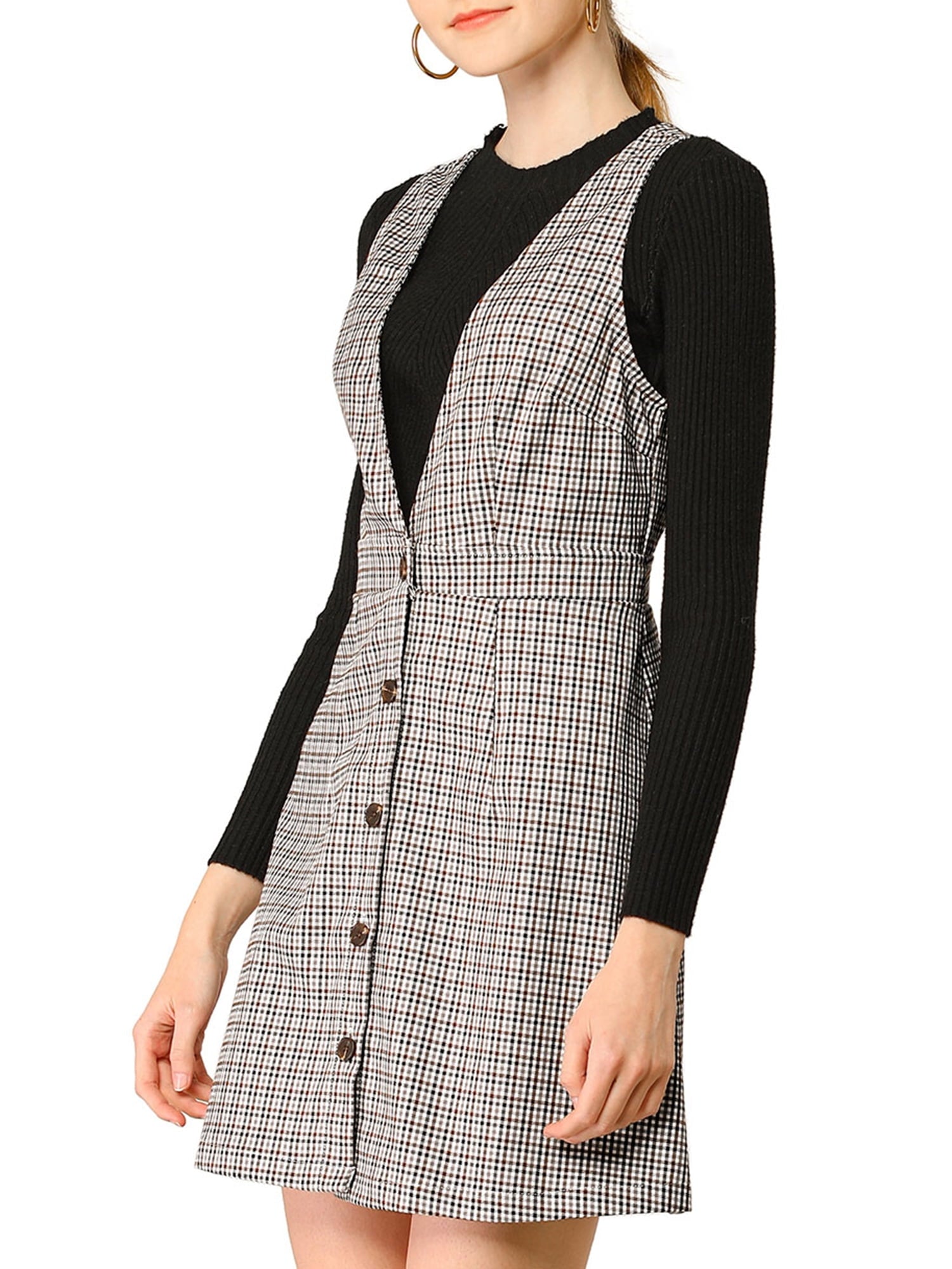 DARING DIVA Houndstooth Plaid Suspenders Pinafore Overall Dress M Red Black