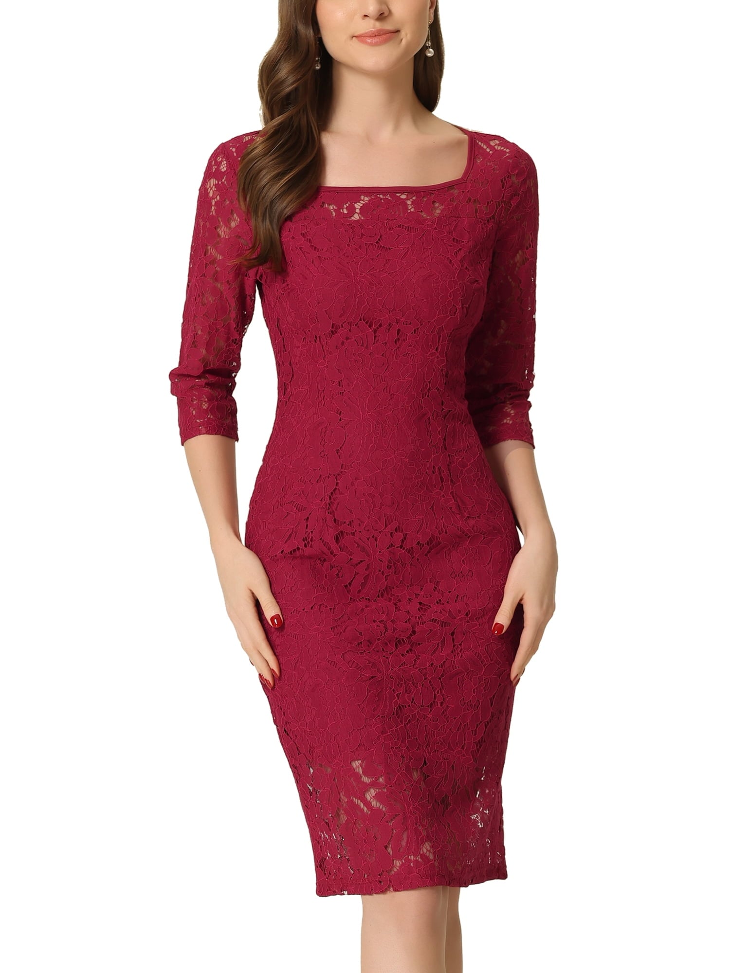DARING DIVA Lace 3/4 Sleeve Dress Square Neck Midi Straight Tired XS Pink