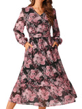 DARING DIVA Long Sleeve Floral V Neck Boho Chiffon Midi Dress S Black