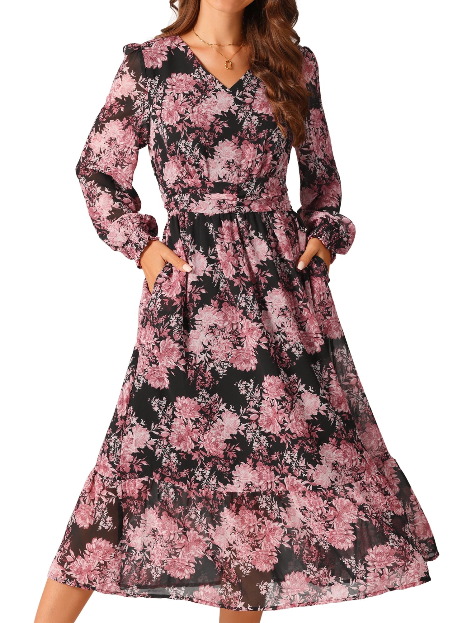 DARING DIVA Long Sleeve Floral V Neck Boho Chiffon Midi Dress S Black