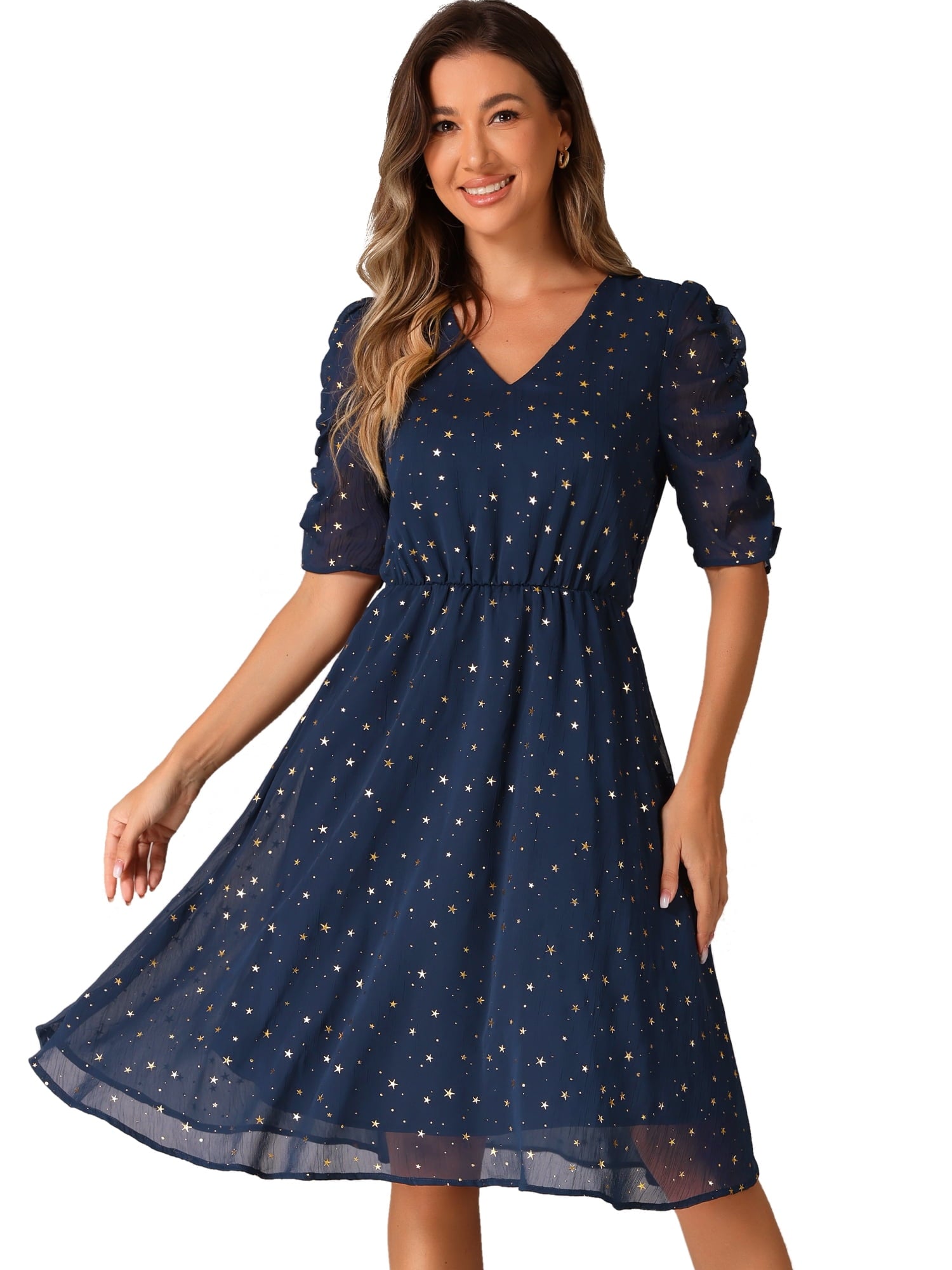 DARING DIVA Metallic Stars A-line Chiffon Dress L Hot Pink