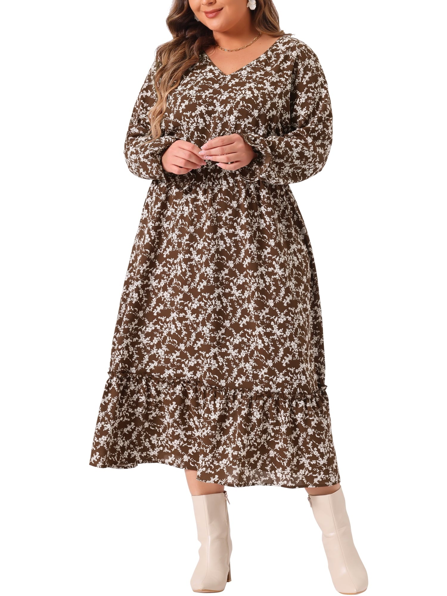 DARING DIVA Plus Size Floral Print V Neck Long Sleeve Maxi Dress 1X Brown