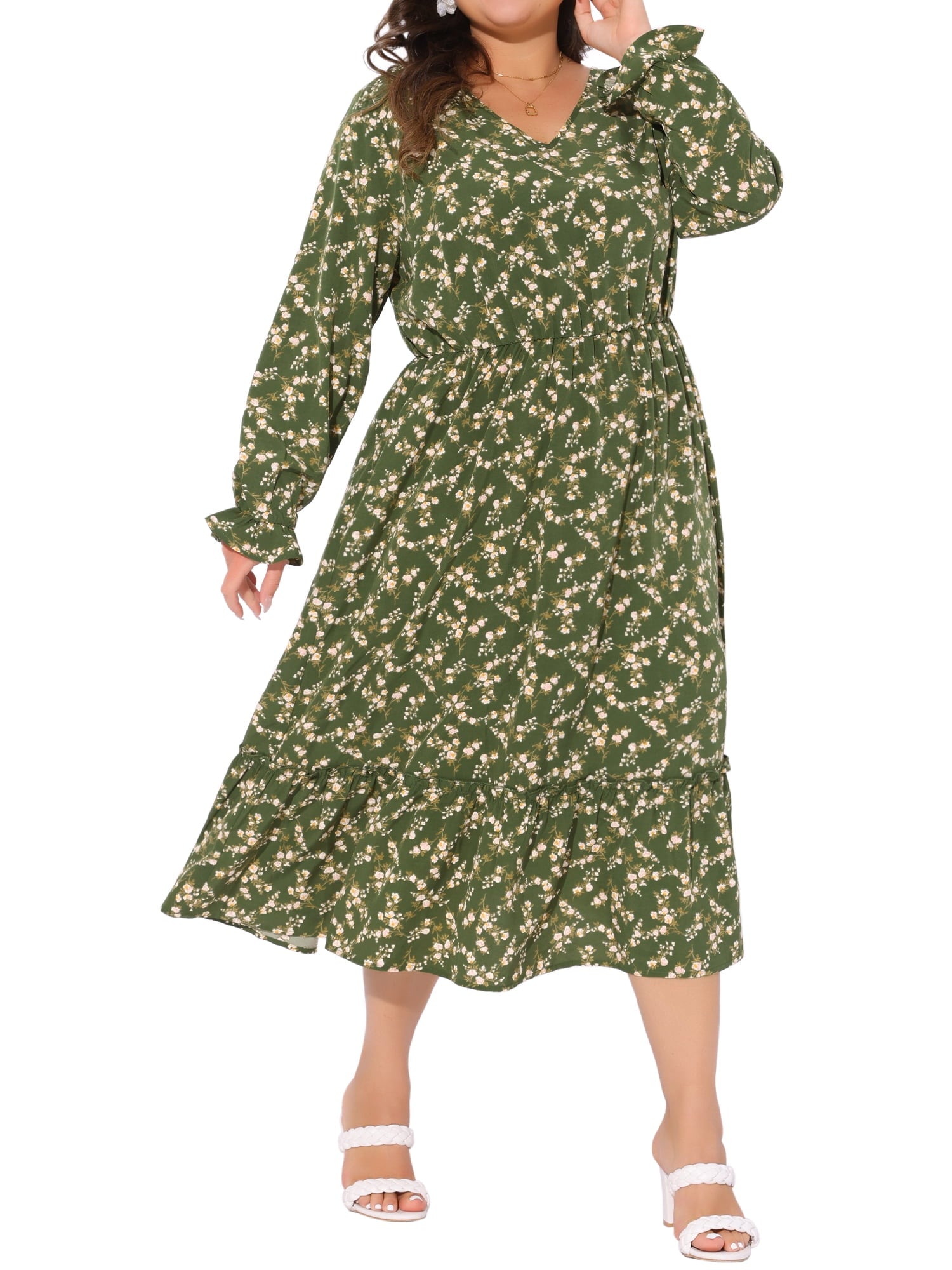 DARING DIVA Plus Size Floral Print V Neck Long Sleeve Maxi Dress 1X Brown