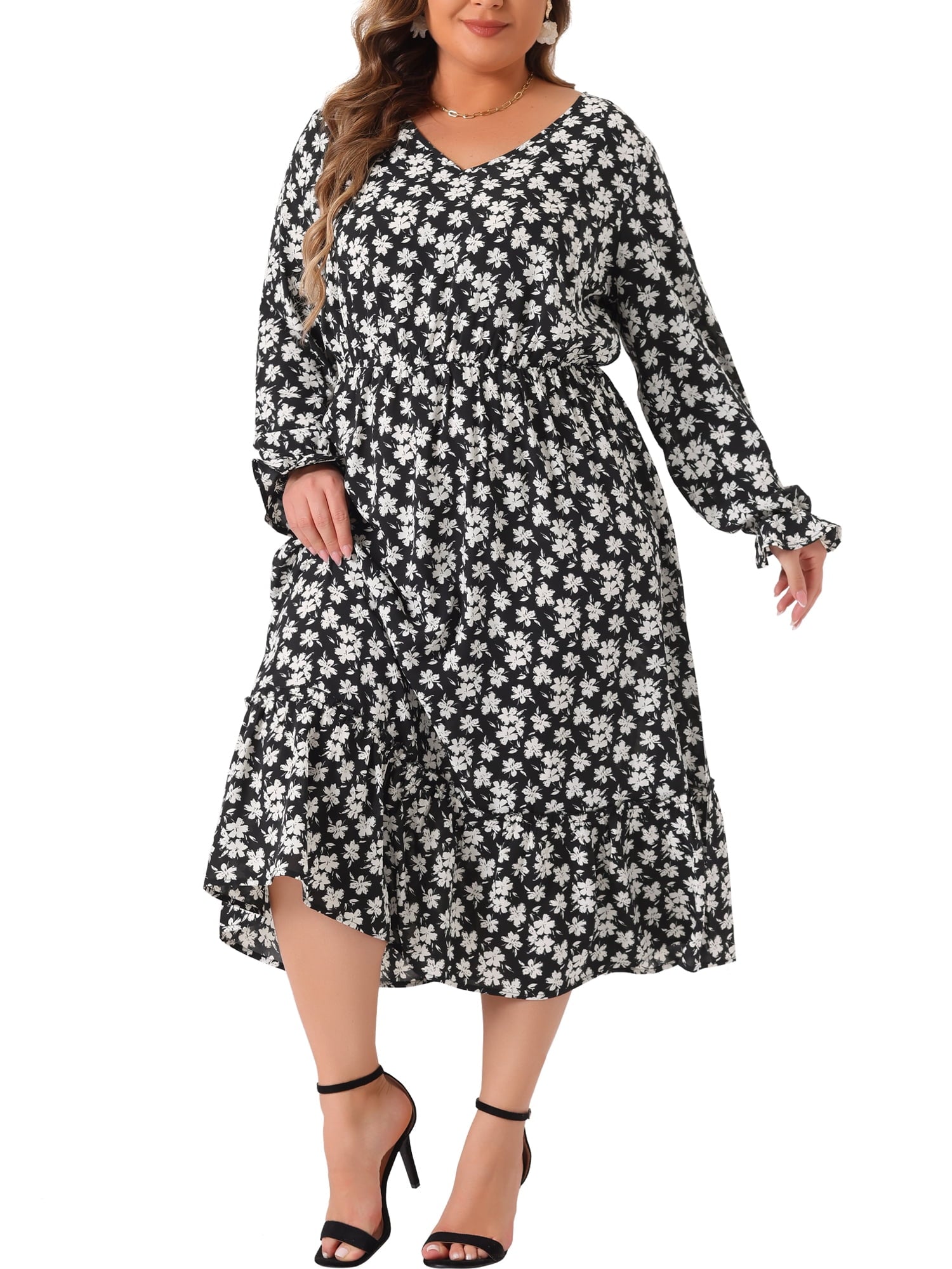 DARING DIVA Plus Size Floral Print V Neck Long Sleeve Maxi Dress 1X Brown