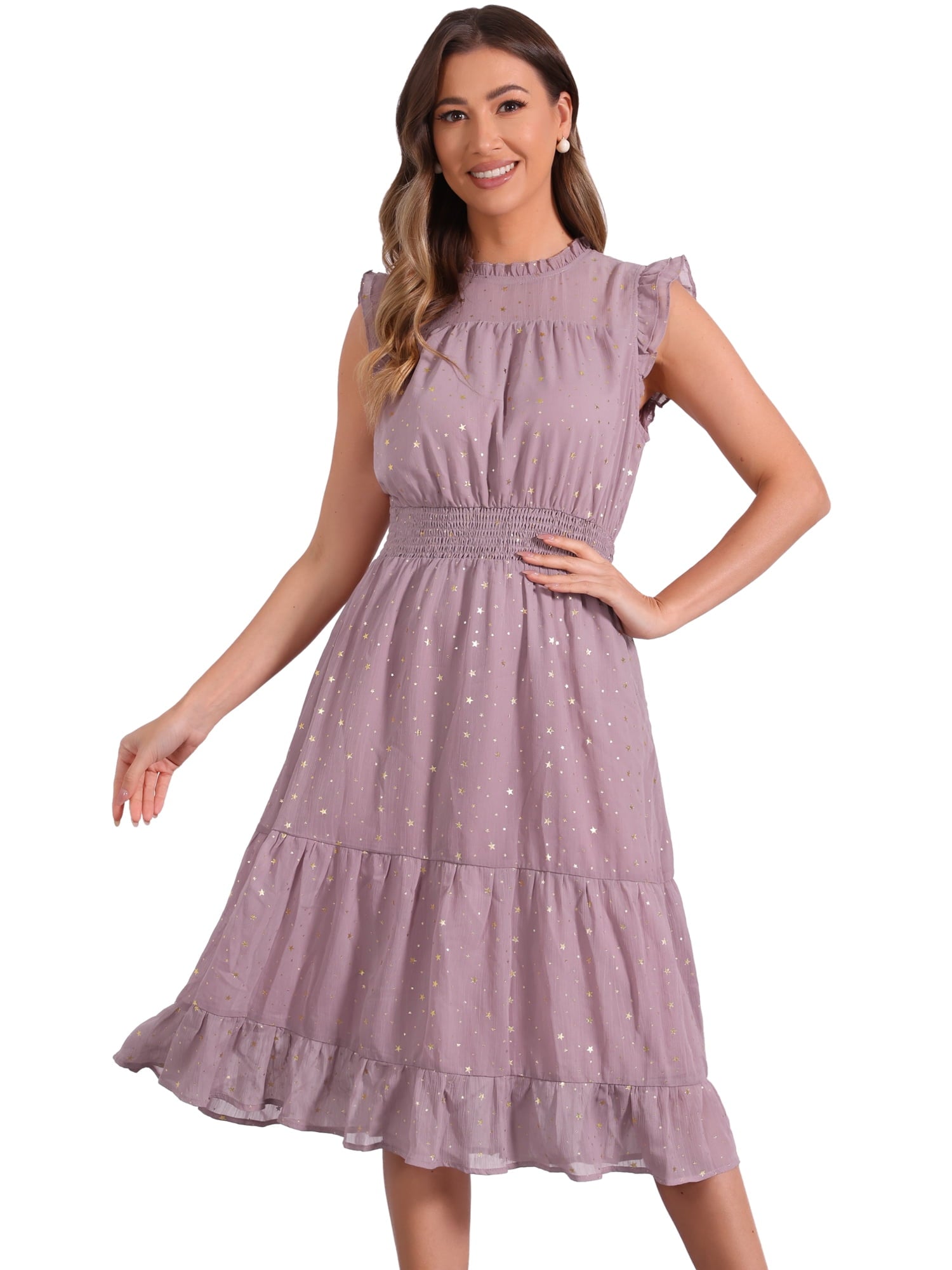 DARING DIVA Smocked Waist Gilding Metallic Stars Chiffon Dress XL Hot Pink