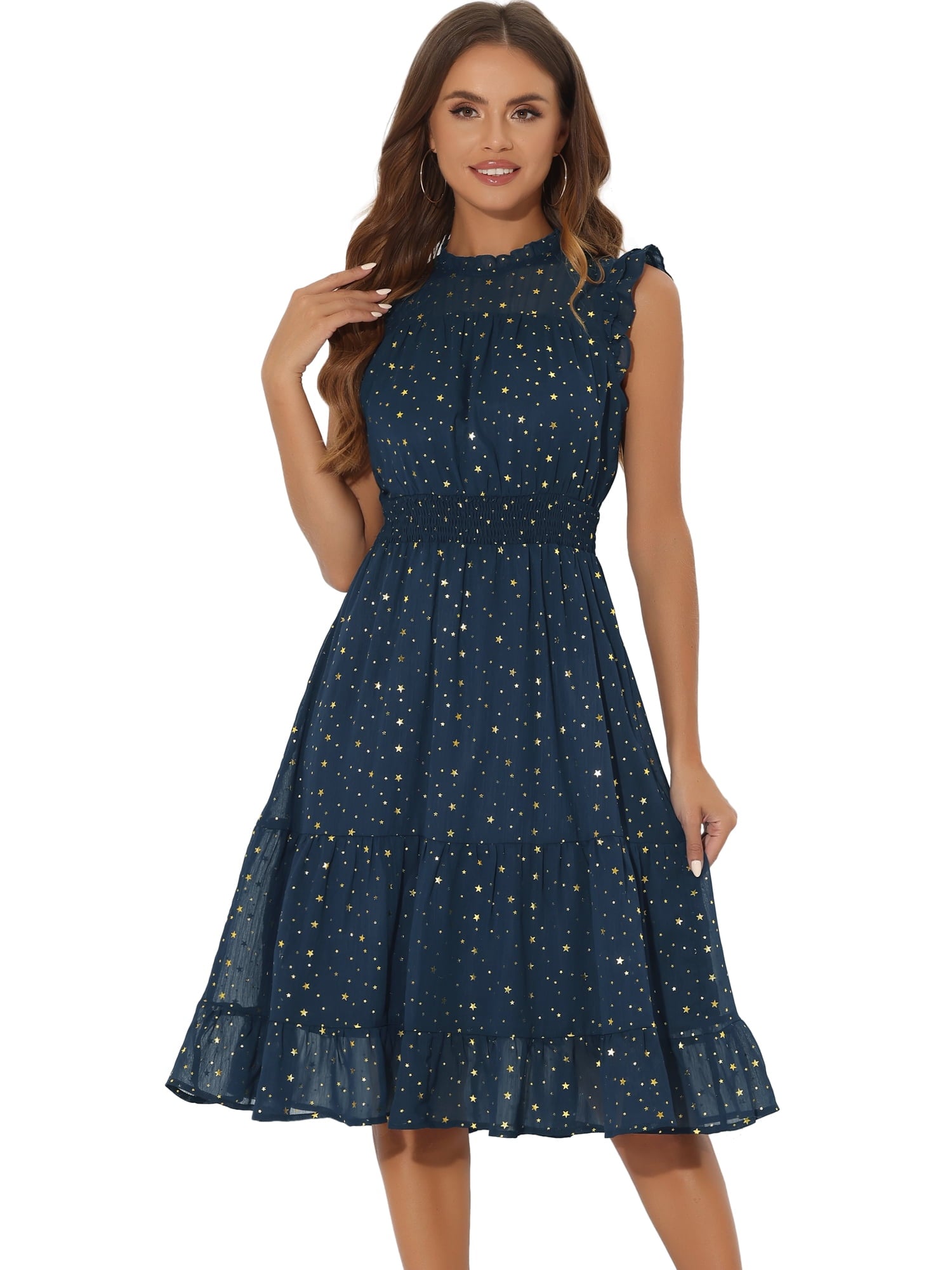 DARING DIVA Smocked Waist Gilding Metallic Stars Chiffon Dress XL Hot Pink