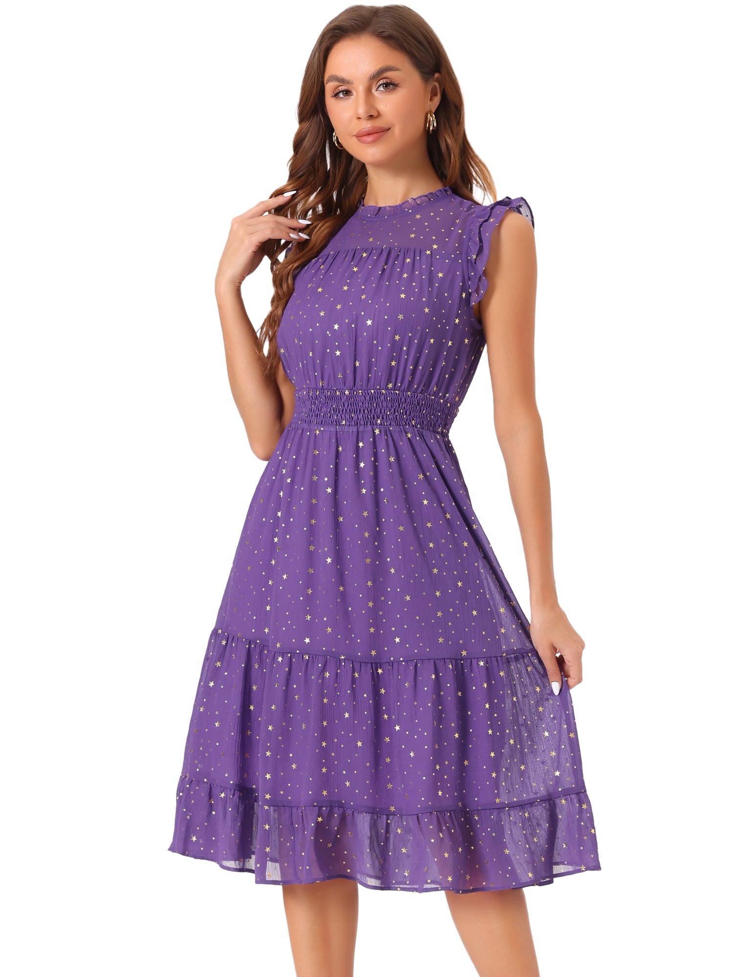 DARING DIVA Smocked Waist Gilding Metallic Stars Chiffon Dress XL Hot Pink