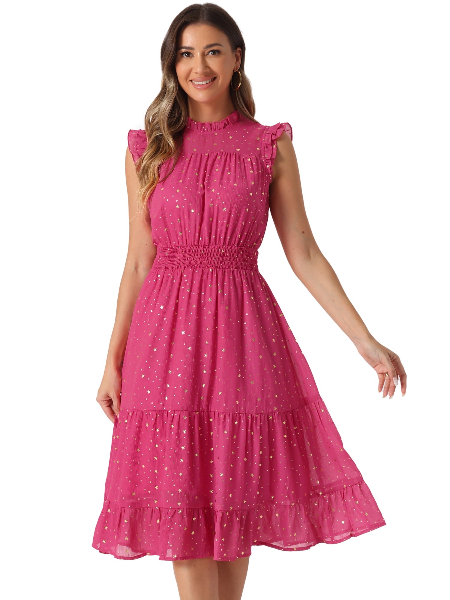 DARING DIVA Smocked Waist Gilding Metallic Stars Chiffon Dress XL Hot Pink