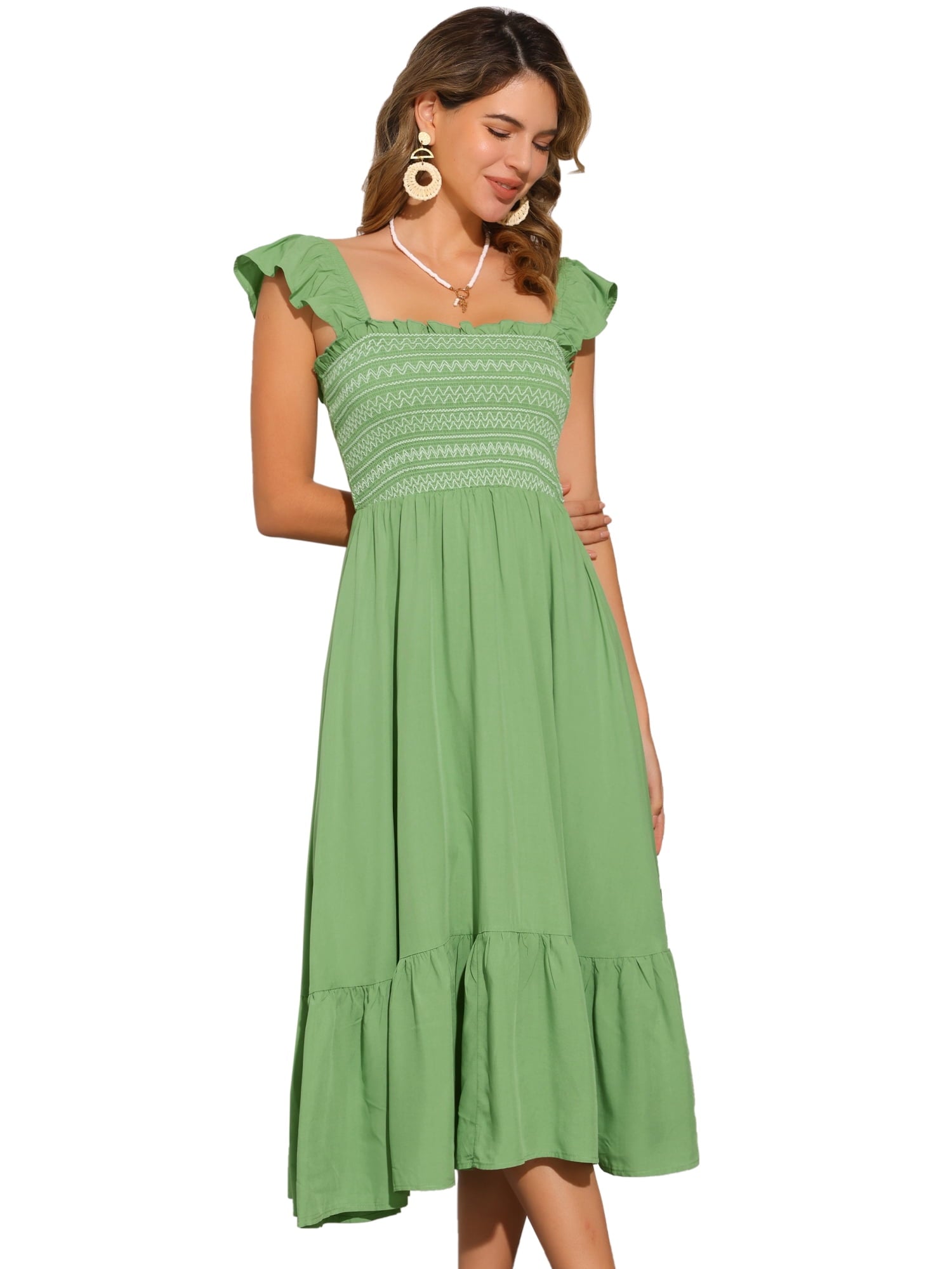 DARING DIVA Square Neck Boho Sleeveless Ruffle Tiered Smocked Sundress M Pink