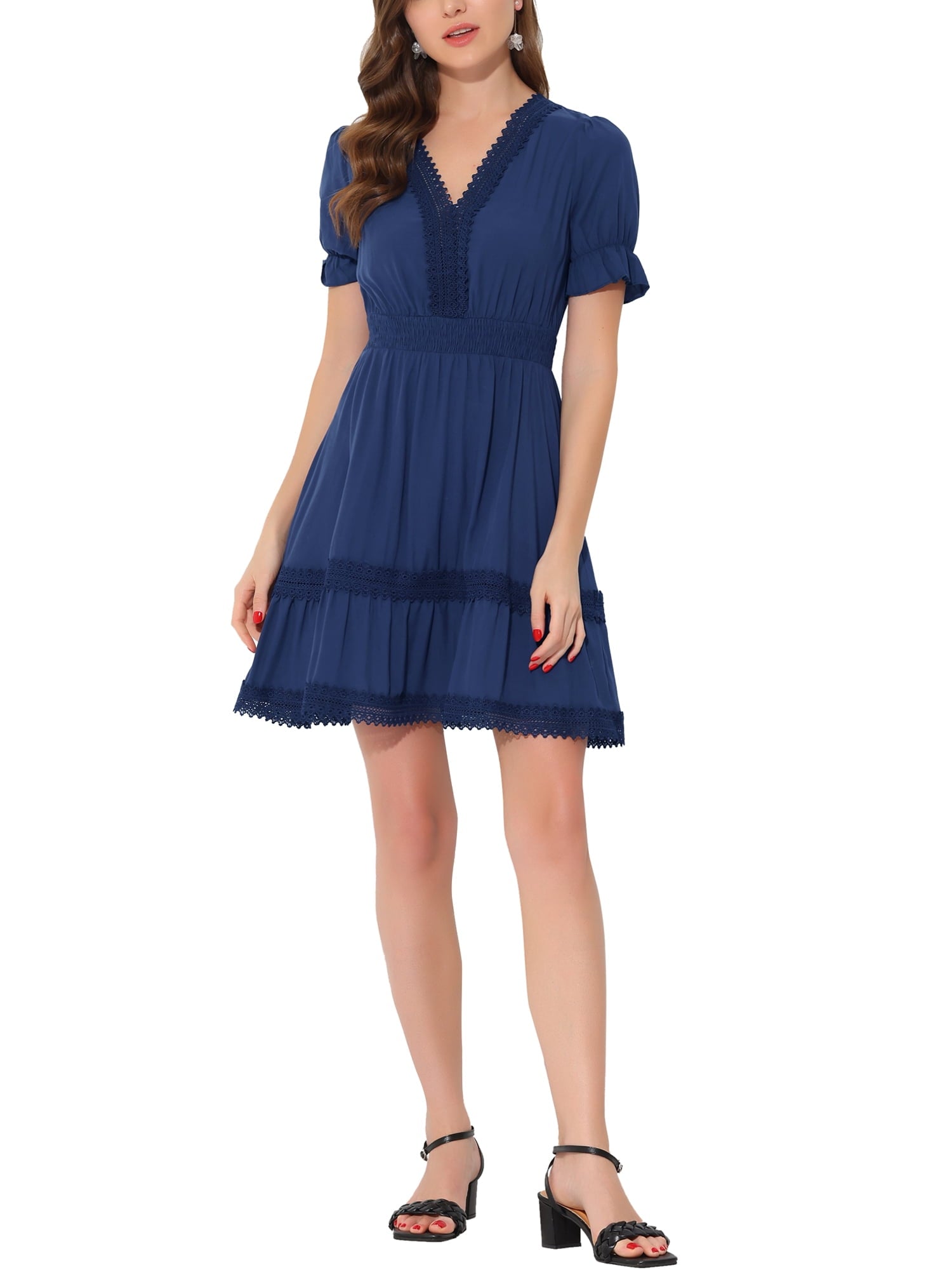 DARING DIVA V Neck Smocked Elastic Waist Short Sleeve Mini Dress M Orange