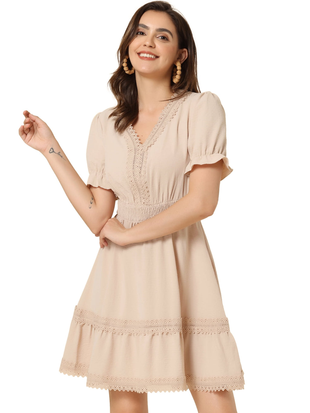 DARING DIVA V Neck Smocked Elastic Waist Short Sleeve Mini Dress M Orange