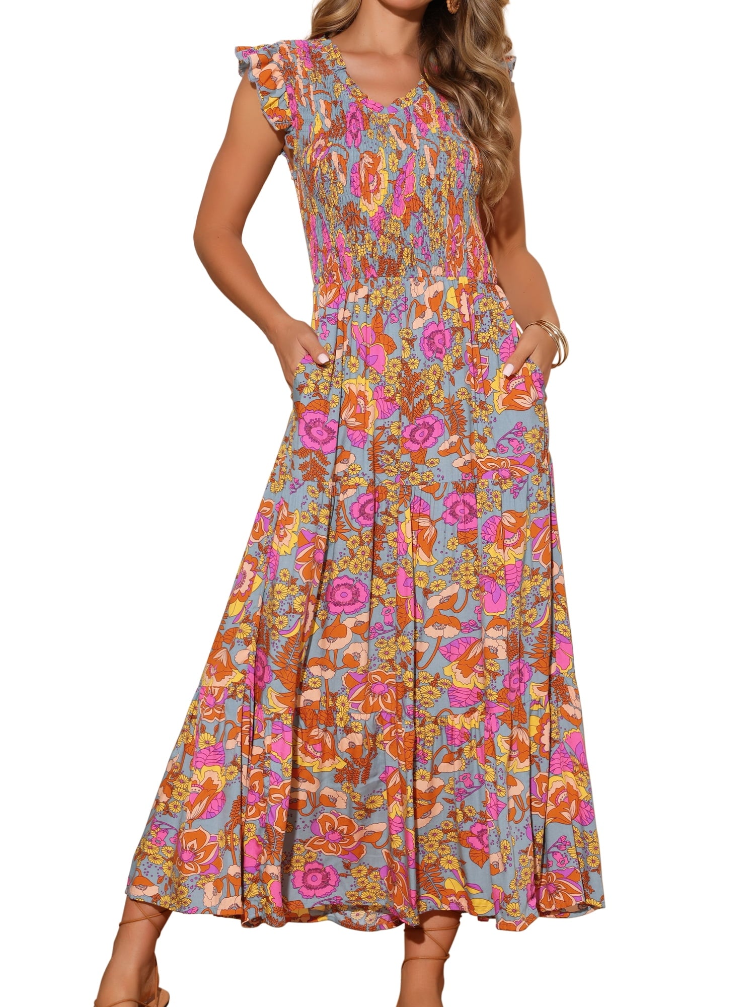 DARING DIVA V Neck Smocked Ruffle Tiered Maxi Dress S Hot Pink