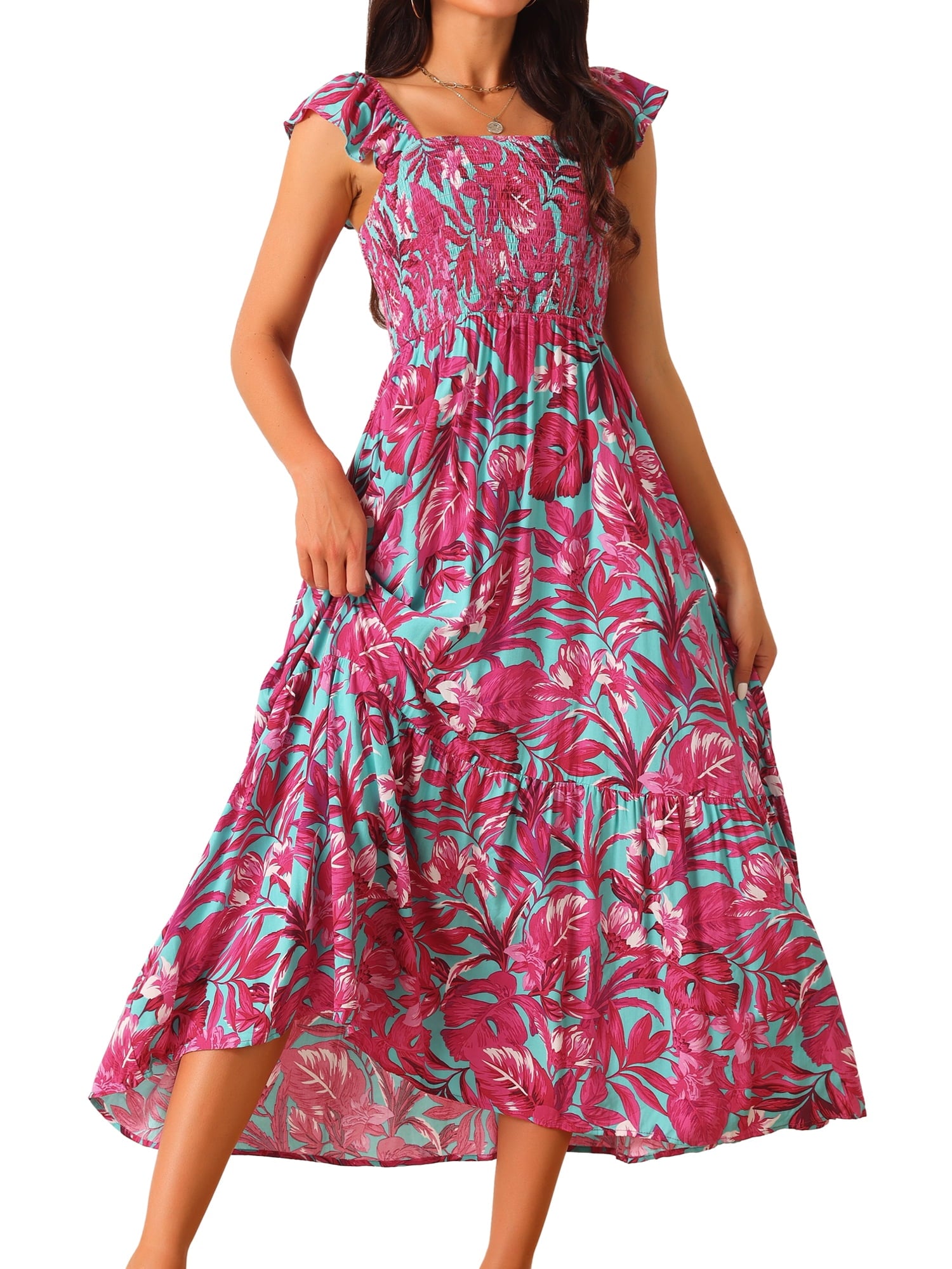 DARING DIVA Women's Floral Square Neck Ruffle Cap Sleeve Maxi Dresses M Green