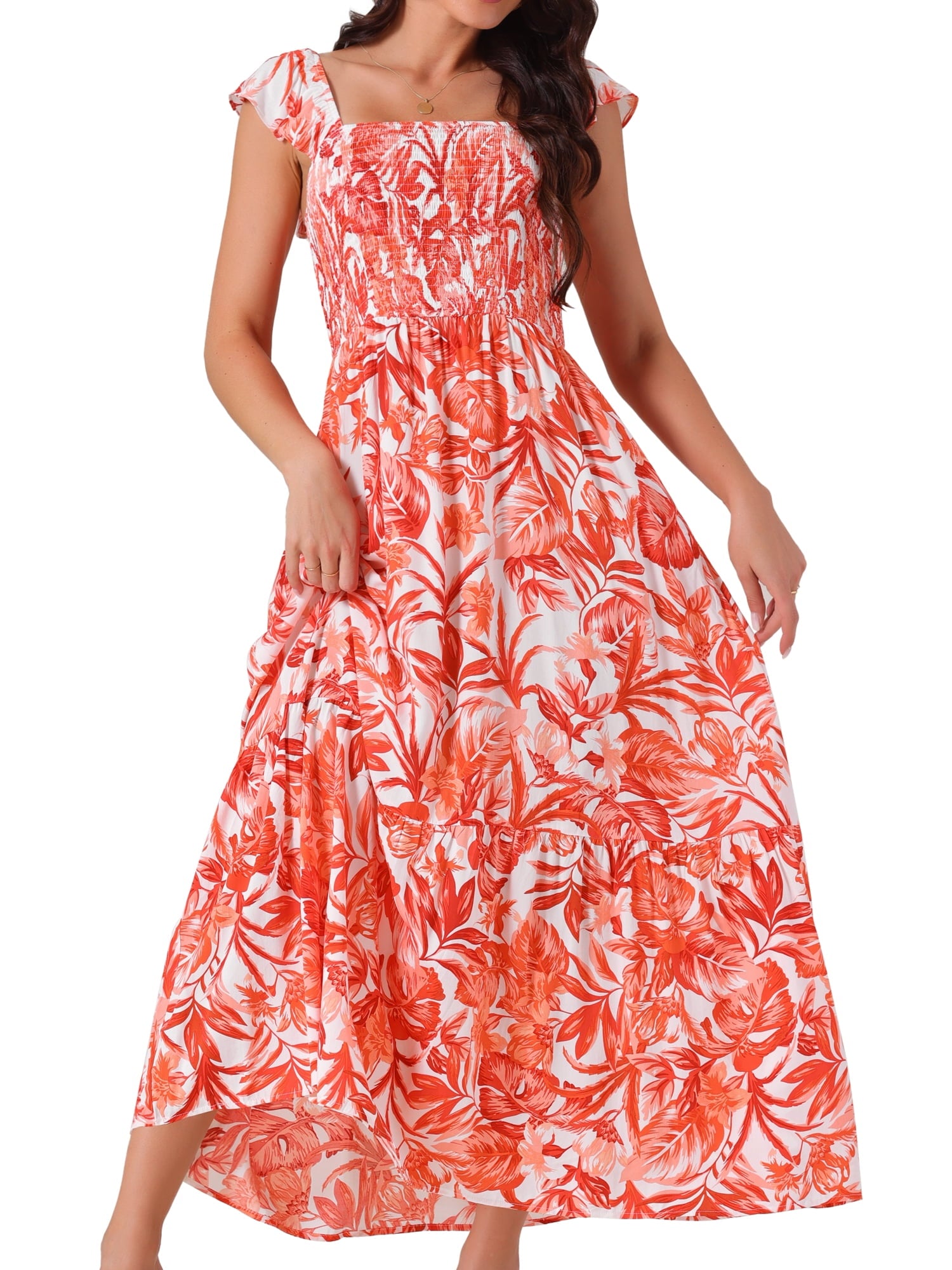 DARING DIVA Women's Floral Square Neck Ruffle Cap Sleeve Maxi Dresses M Green