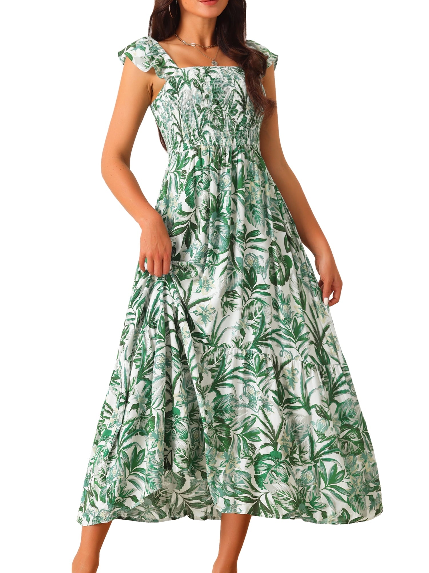 DARING DIVA Women's Floral Square Neck Ruffle Cap Sleeve Maxi Dresses M Green